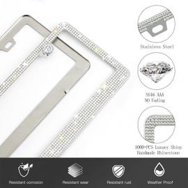 Runone 2 Pack Bling License Plate Frame for Women,Sparkly Rhinestone Stainless Steel License Plate Holder,Car Accessories with Glitter Crystal Caps (White)