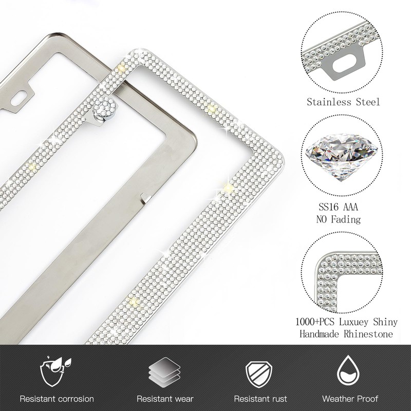 Runone 2 Pack Bling License Plate Frame for Women,Sparkly Rhinestone