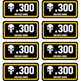 Linni's Vinyl Banners .300 Min Mag Ammo Can Stickers | Punisher | 8-Pack Ammo Can Decals Bullet Sticker 3 x 1 | 100% PVC - Waterproof, Non-Fade, UV Resistant