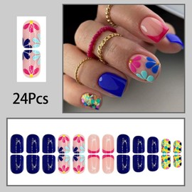 24Pcs Spring Floral Press on Nails Short Fake Nails Blue Square Shape False Nails with Flower Pattern Design French Acrylic Nails Press ons Full Cover Handmade Nails Glue-Free Nails for Women
