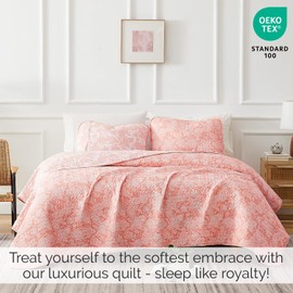 Southshore Fine Living, Inc. Full/Queen Paisley Quilt Bedding Set, Full Size Bedspread, Reversible Boho Bedding Set 2-Sided Quilt, Full/Queen Coverlet Quilt & Matching Shams, Coral & White