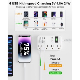 6 USB(2 USB C) Surge Protector Power Strip- 5Ft Travel Power Strip with 4.8A USB Charging Station and 4 Extendable Outlet, 13A Flat Plug Braided Extension Cord with Wall Mount for Travel Office Dorm