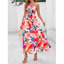PRETTYGARDEN Summer Dresses for Women 2025 Beach Maxi Dress Spaghetti Strap Floral Boho A Line Wedding Guest Flowy Long Dress(Floral Beige Multicolored,Large)