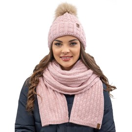 Vivisence Stylish Women's Winter Set Hat with Pompom and Warm Fleece Lining Paired with Classic Matching Scarf Made from Soft and Warm Fabric Perfect for Cold Weather, Light Pink,UNI