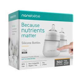 Nanobébé, Biberón de Silicón 270 ml./ 9Oz. 2 Pack; Color Blanco