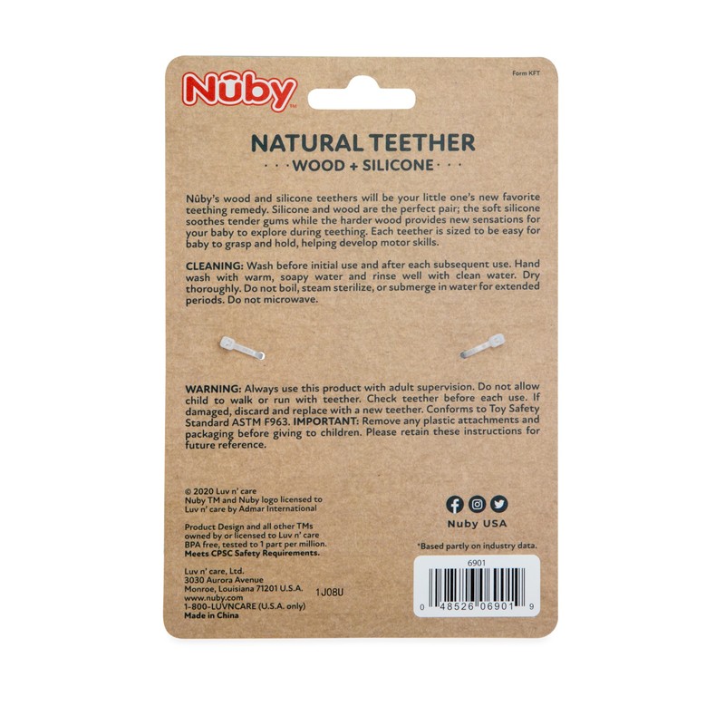 Nuby Natural Wood & Silicone Teether Ring: 3 M+, Elephant,