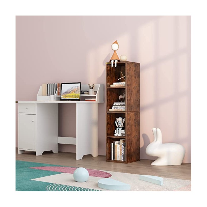 ALISENED 4 Cube Small Bookshelf, Narrow Storage Organizer Shelf, Wooden