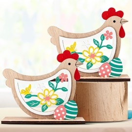 2PCS Easter Wooden Signs, Chicken Shape Natural Tabletop Decor Centerpiece Sign, Shelf Sitter 3D Easter Tiered Tray Decor, Rustic Freestanding Tabletop for Home, Flower Figurine for Easter Party