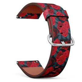 THAZEE 20mm Quick Release Replacement Leather Watch Band (Red Rose Seamlees Retro) Smartwatch Strap Bracelet for Women, Men