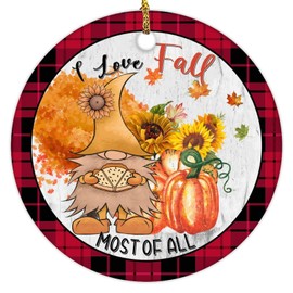 Gnome Pumpkin Ornament Sunflower Maple Leaf Ornament I Love Fall Most of All Ceramic Ornament Both Sides Printed Autumn Thanksgiving Keepsake Gift Buffalo Plaid Xmas Tree Hanging Ornaments
