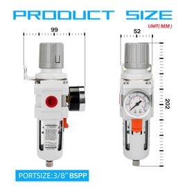NANPU 3/8 inch BSP Compressed Air Filter Regulator - 5 μm Brass Filter Element, Pressure Gauge (0-10 bar), Poly Shell, Semi-Automatic Drain, Bracket