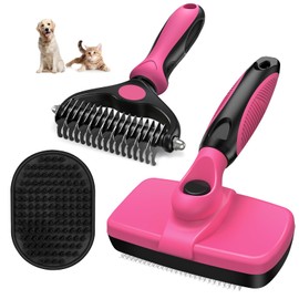 3PCS Self Cleaning Slicker Brush & Pet Grooming Rake & Bath Brush for Dogs,Cats and Horses | Double-Sided Dematting Comb & Skin Friendly Deshedding Grooming Tool | Premium Pet Supplies (Red Black)