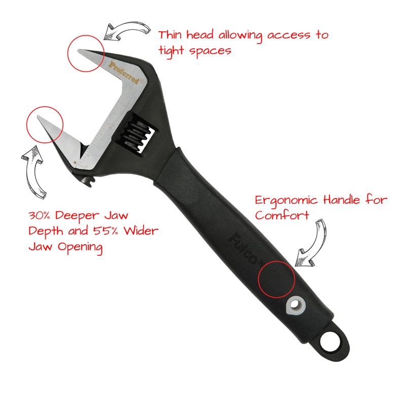 Proferred Plumbing Adjustable Wrench, Black Phosphate Finish, 4 Available Size