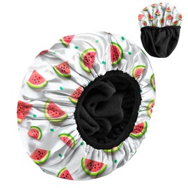 Zewurtuw Luxury Shower Cap Terry Cloth Lined EVA Waterproof Reusable Triple Layer Elastic Hair Bath Caps for Women Girls Cute (C18-Watermelon)