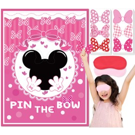QISOLIY Pin The Bow Sticker on Mouse Party Game, Pink Girl Party Game Decorations, Pink Large Poster with 36Pcs Bow Stickers for Girls Birthday Favors