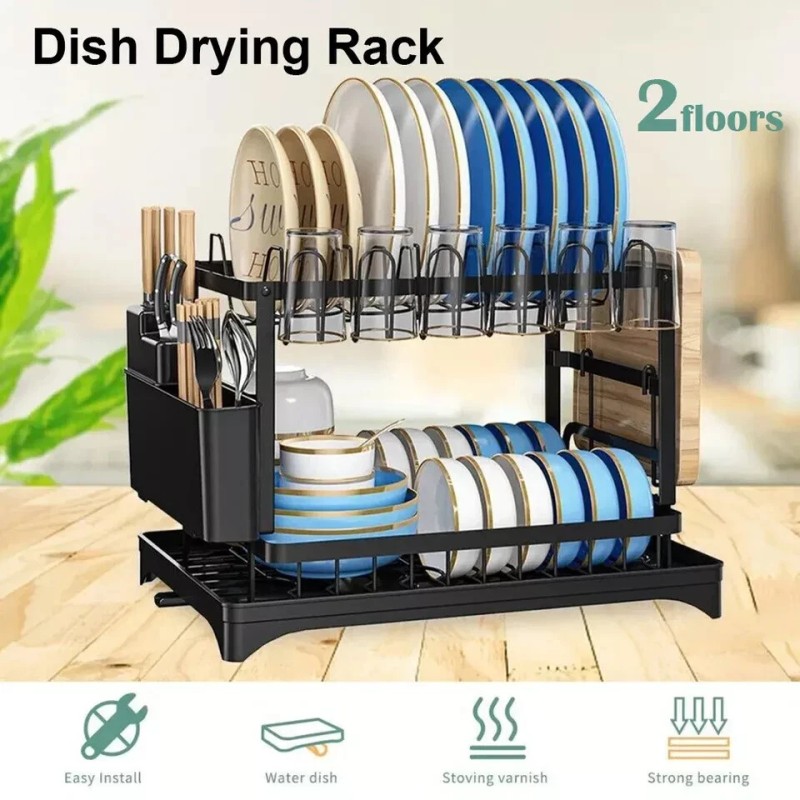 AIDERLY 2 Tier Dish Drainer Rack with Drip Tray Cutlery