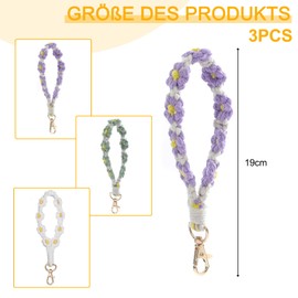 Puedno Pack of 3 Boho Key Chains, Daisy Macrame Keychain, Handmade Macrame Bracelet, Aesthetic Lanyard Keyring (Green + Purple + White), purple