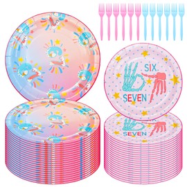 76Pcs 6 7 Birthday Decoration Plates,67 Plates and Forks Set for Theme Party
