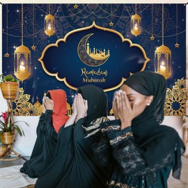 Ramadan Mubarak Banner, Extra Large Fabric Eid Kareem Background for Decorations, 72 x 44 Inch Star Moon Lanterns Castles Photo Booth Background for Islamic Muslim Al-Fitr Party Supplies
