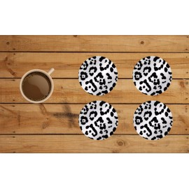BLACK AND GRAY LEOPARD PRINT DESIGN ROUND COASTER SET OF 4 CUSTOM MADE 3.5"