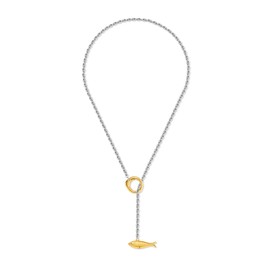 FILMOON Fish Lariat Necklace for Women Two Tone Irregular Circle Y Drop Chain Necklace Dainty Ocean Coastal Pendant Adjustable Minimalist Summer Beach Jewelry Gift