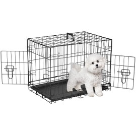 24-Inch Folding Metal Wire Dog Crate, Durable, Foldable, Collapsible Double Door Dog Crate with Removable Leak-Proof Pan, Portable Dogs Crate with Divider, Black