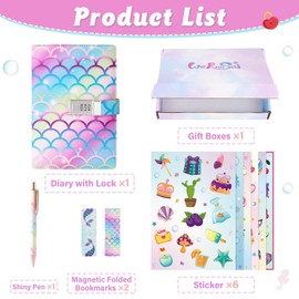 WERNNSAI Kids Diary Set, Girls Mermaid Journal with Lock, Secret Teen Journal Set, Teen A5 Diary Gift Set with 6 Stickers, 1 Bookmark and 1 Writing Pen