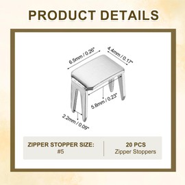 sourcing map 20Pcs Zipper Stoppers, #5 Copper Top & Bottom Zipper Slider Retainers for Bags Coats Jackets Zippers Repairing Replacement, Silver