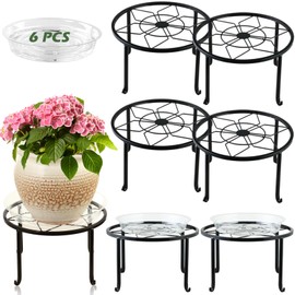 DEELF OUTLET 6-pack 9" Large Metal Plant Stands Indoor Outdoor Rustproof Iron Potted Plant Holder Heavy-duty Round Flower Pot Riser Shelf for Garden Patio Corner Stand with Clear Water Tray
