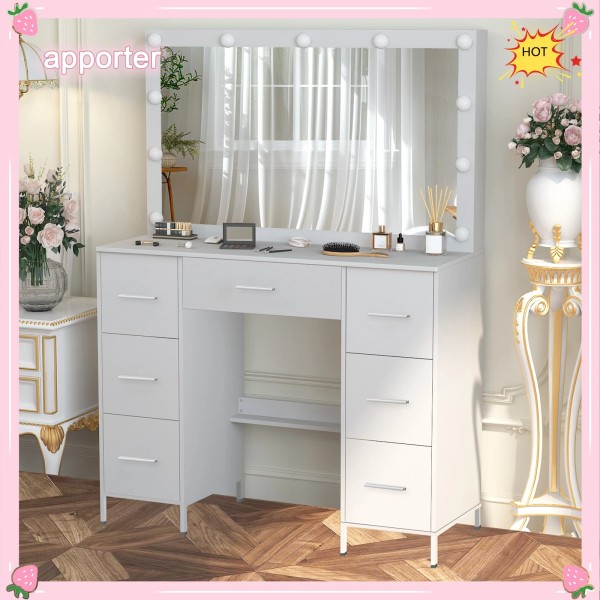 Yamissi White Vanity Desk with Mirror 11 LED Lights 7