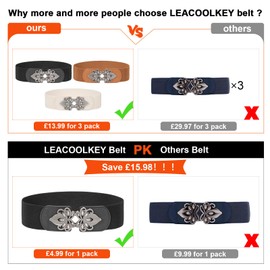 LEACOOLKEY 3 Pieces Women's Wide Elastic Belt Stretch Elasticated Waist Belts Cinch Belt Vintage Belt Women Belts for Dresses(Suitable for waist 42''-49'',Black+Brown+Beige)