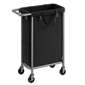 SONGMICS Laundry Basket with Wheels, Rolling Laundry Hamper, 23.8 Gallons (90L), Removable Liner, Steel Frame with Handle, Blanket Storage, 24 x 11.4 x 31.9 Inches, Ink Black URLS003B01