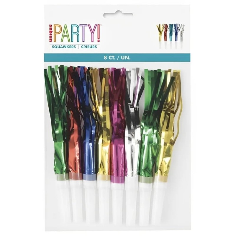 Fringed Squawker Blowouts (8ct) - Assorted Colors Plastic & Foil