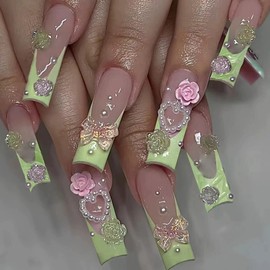 Press On Nails - Long Square Fake Nails, 3D Flower Rhinestone, French Tip Coquette Acrylic, 24Pcs Full Cover False Nails (Pink-13, style-13)
