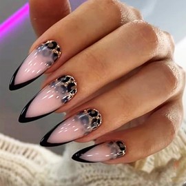 24Pcs French Tips Press on Nails with Leopard Print Design, Sparkly Manicure Art Acrylic Medium Almond Full Cover Fake Nails Stick on Nails Glossy Gold Glitter False Nails Gel Glue on Nails for Women