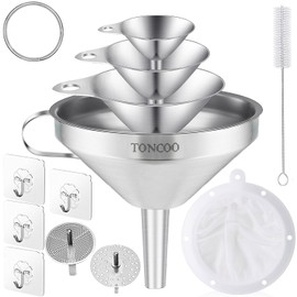 Toncoo 4 Pack Stainless Steel Funnels for Kitchen Use, Food Grade Cooking Funnel with 2 Strainer, Kitchen Funnel Set Metal Funnels for Filling Bottles