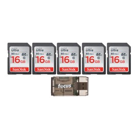 SanDisk Ultra 16GB Class SD Memory Card (5-Pack) with Focus All-In-One High Speed USB Card Reader Bundle (6 Items)