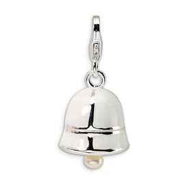 Solid 925 Sterling Silver Freshwater Cultured Pearl White Enamel Bell Lobster Clasp Charm Small Tiny Pendant - 14mm x 13mm