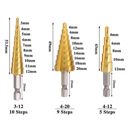 CeyMlem 3-Piece Step Drill Bit Set, Step Drill Bit with Hex Shank, Taper Drill, Short Length, Drill Bit for Hole Drilling, for Metal, Wood, Metal Drill Bit Set 3-12 mm, 4-12 mm, 4-20 mm