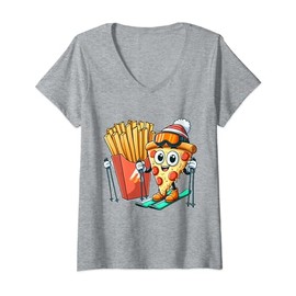 Kid's Ski Lesson Pizza French Fry Skiing V-Neck T-Shirt