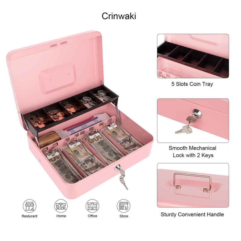 Cash Box with Money Tray and Key Lock, Money Box