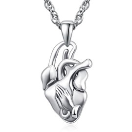 Heart Praying Hands Anatomical Organs Necklace Sterling Silver Heart Praying Hands Cool Jewelry for Men Women
