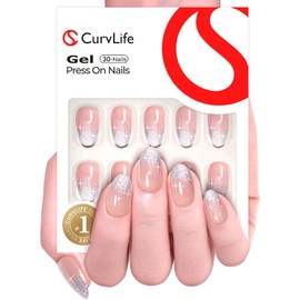 Curvlife 30pcs Acrylic Press on Nails, Acrylic Fake Nail with Short Almond Shining French Apricot Design, Full Cover False Nails Tips Glossy Nude Glue on Nails Artificial Stick on Nails for Women