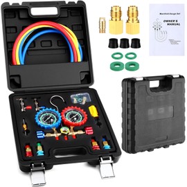 Threlaco HVAC Manifold Gauge Set for R1234yf R134a R410a Refrigerant Automotive 3 Way Ac Gauge Set with Hose Kit Quick Coupler Adapter for Air Conditioner Split System Car Charging and Evacuation