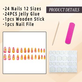 Jremg Flower Press on Nails Medium Almond Fake Nails with 3D Flower Designs Glossy Orange Pink Gradient False Nails Cute White Flower Gold White Pearl Rhinestones Glue on Nails for Women 24Pcs