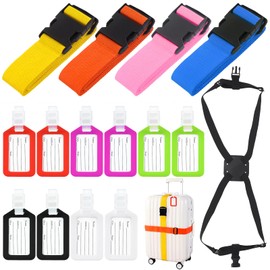 Swpeet 15Pcs Multi-Color Luggage Tags and Luggage Straps, 5 Colors Plastic Luggage Identifiers with Lanyard and Label, Luggage Straps Bag Bungees for add a Bag Suitcase Belts