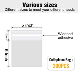 COQOFA 5x5 inch 200Pcs Clear Cellophane Bags Self Adhesive Small Cookie Bags Candy Treat Gift Bags Resealable Self Sealing Party Favors Packaging Plastic Cello Bags