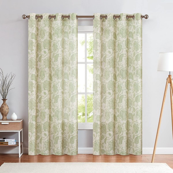 jinchan Floral Scroll Linen Curtains 84 inches Long Green Window Curtains for Bedroom Grommet Light Filtering Farmhouse Drapes for Living Room Vintage Printed Window Treatments Set 2 Panels