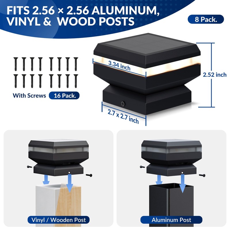 Egadis 8 Pack Solar Post Cap Lights with 2 Lighting