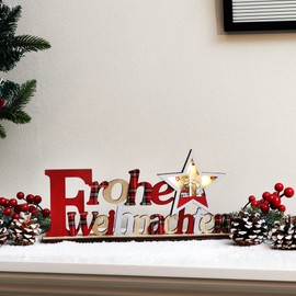 com-four® LED decorative stand made of wood, illuminated lettering on wooden base, decorative lettering to stand up for Christmas, mood light with timer (red + star)